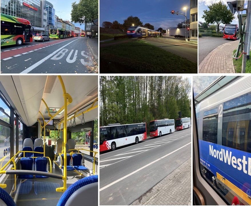 Eine Collage mit sechs Fotos zum ÖPNV in der REgion Osnabrück mit einem Foto vom Neumarkt, einem Foto vom Bahnübergang in Oesede, über den gerade der Haller Willem fährt, einem Bild aus einem Bus, einem Bild mit Metro-Bus und mit dem Logo der NordWestBahn.